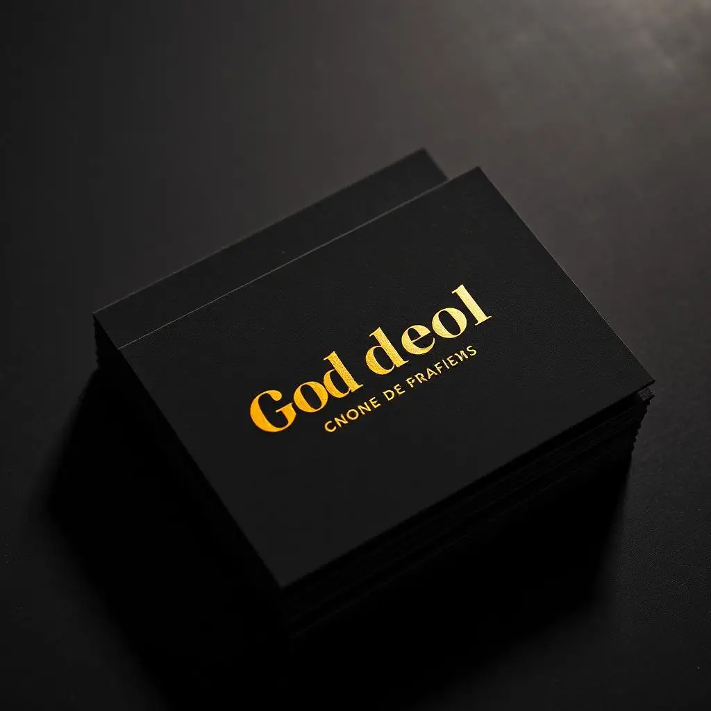 Gold foil stamped visiting cards on black stock printed by SA Creative — a leading 2025 design trend
